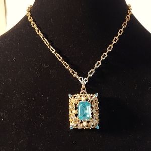 Vintage Coro signed Necklace.  Aquamarine & gold tone with faux pearls.